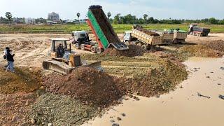 Great Job!! Fast KOMATSU Bulldozer Pushing Soil Build a Road Across The Mud With 25T Dump Trucks