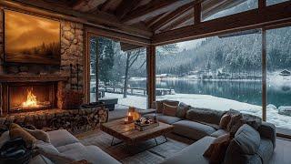 Winter Vibes by the Lake with Soft Jazz Music ️ Warm Living Room and Snowfall, Fireplace for Relax