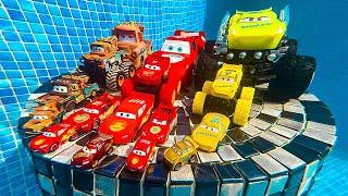 Disney Pixar Cars falling into deep pool, Lightning McQueen, Tow Mater, Mack, Sally, Francesco