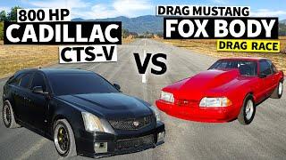 800hp Cadillac Wagon vs Drag Spec Fox Body Mustang, NO PREP drag race!