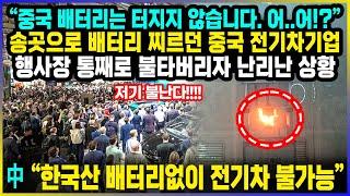 "어!?" 송곳으로 배터리 찌르던 중국 전기차기업 행사장 통째로 불타버리자 난리난 상황 / 中 "한국산 배터리없이 전기차 불가능"