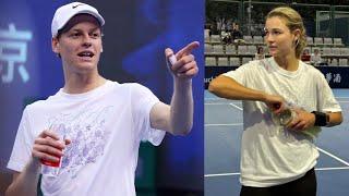 Jannik Sinner gifts his wearing t-shirt to Anna Kalinskaya at the China Open training