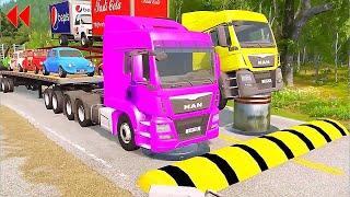 Double Flatbed Trailer Truck Vs Speedbumps Train Vs Cars Beamng.drive In Reverse!  #388