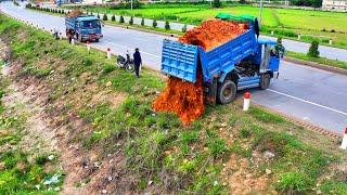 Start A New Project Land Fill Flood Area !! Bulldozer Komat'Su D20p Push Soil , 5Ton Truck Spreading