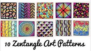 10 Easy Colourful Zentangle Art Patterns | Part -2 | Patterns for Beginners ( Time - Lapse )