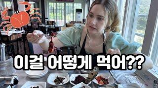 My American Wife's Reaction to Raw Crab Restaurant! (Yeosu Trip, KOREA) 