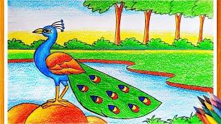 How To Draw A Peacock Scenery|Peacock Drawing|Easy Peacock Scenery Drawing For Kids Step By Step