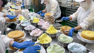 1,000 cakes sold out a day! Amazing rainbow mille crepe cake mass production / 彩虹千層蛋糕量產-Food factory