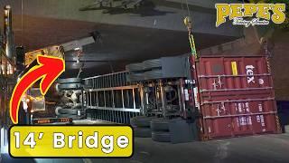 Semi Driver Flips Container Under 14' Bridge