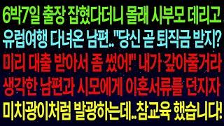 사연열차6박7일 출장 잡혔다더니 몰래 시부모 데리고 유럽여행 다녀온 남편  '당신 곧 퇴직금 받지 미리 대출 받아서 좀 썼어!' 남편과 시모에게 참교육하고 이혼합니다!#실화