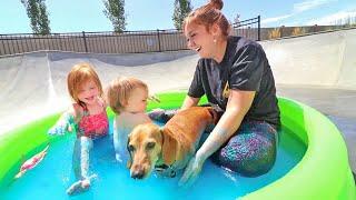 SLiME SWiMMiNG POOL!! with my Pet Dog and Baby Niko and Mom and Barbie Dream Dolls!