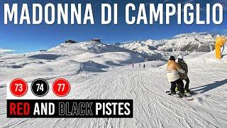 Skiing Red and Black Pistes 73, 74, 77 in Madonna di Campiglio, Dolomiti di Brenta