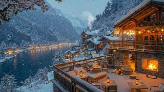 Tranquil Winter Scene ️Cozy Coffee Terrace, Fireplace Glow & Smooth Jazz for Relaxing Winter Nights