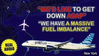 Fuel leak in flight. JetBlue pilot reports massive fuel imbalance on approach to JFK. Real ATC