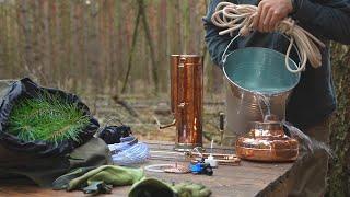 Extracting essential oil from a pine tree in the woods, no talking