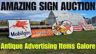 Searching for Deals at an Estate Auction Full of Vintage Advertising Signs