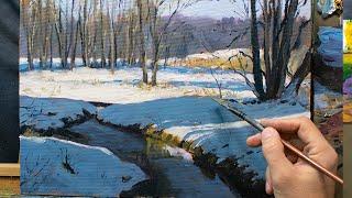 Painting impressionistic Winter Landscape in Oils