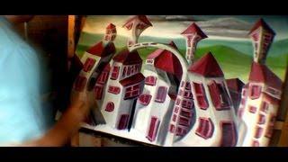 Jarduli Paintings - Abstract Surreal City Town - Wet-On-Wet Technique