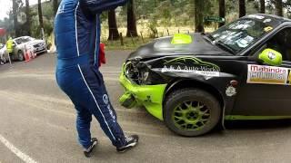 Slightly bent Subaru arrives at time control. 2016 Coromandel Rally