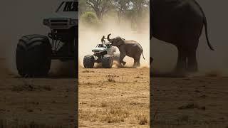 Monkey vs Elephant Near Monster Truck in a Dramatic Sunlit Encounter #animals #animalrescue