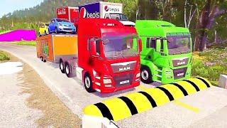 Double Flatbed Trailer Truck Vs Speedbumps Train Vs Cars Beamng.drive In Reverse!  #350