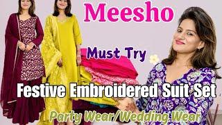 Meesho Festive kurta Pant Dupatta haul l Party wear suit l Embroidered Kurti Set #meesho #diwali