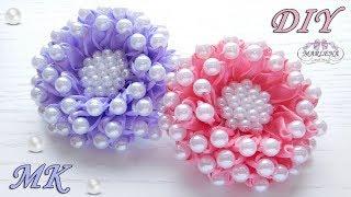 Цветы из узких лент с бусинами/ Flowers of ribbons with beads/ Kanzashi DIY