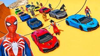 CARROS de CORRIDA com HOMEM ARANHA e HERÓIS! Desafio Incrível na Rampa do LAGO - GTA V