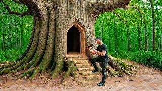 I Built a Hidden Forest Shelter Inside a Giant Tree  | 200 Days of Building a Treehouse