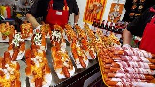 Amazing! A huge 9-inch American sausage hot dog with bacon wrapped around it. / Korean street food