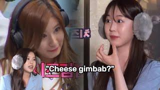 NMIXX imitating Sana's iconic Cheese Gimbab line.