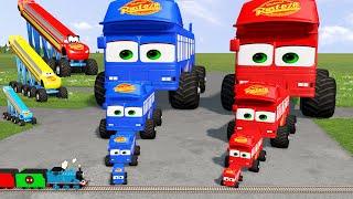 Big & Small Bus Lightning McQueen with Spinner Wheels vs Bus McQueen vs Thomas Trains | BeamNG.Drive