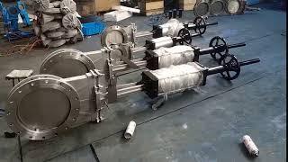 Pneumatic unidirectional knife gate valve with manual operation