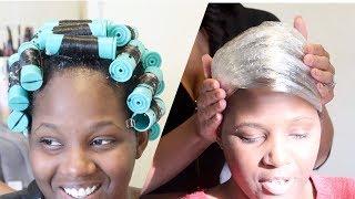 Rollerset + Silk Wrap on Relaxed Hair #SalonWork