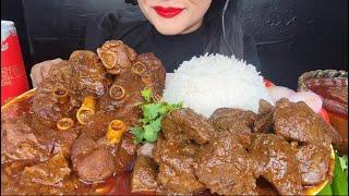 ASMR EATING SPICY MUTTON CURRY,KALEJI CURRY,WHITE RICE+SALAD *FOOD VIDEOS*