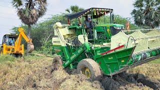 John Deere 5405 4x4 Paddy Harvester Stuck in Mud Pulling Out by JCB 3DX Machine | Jcb video