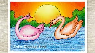 How to draw scenery of Swan Swimming in Water, Sunset Scenery Drawing