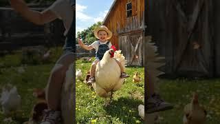 A Child’s Joyful Ride on a Friendly Chicken | Farmyard Fun 