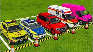 TRANSPORTING POLICE, AMBULANCE, TESLA, CHEVROLET CARS & VOLKSWAGEN POLICE ! Farming Simulator 22