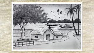 How to draw village landscape with pencil sketch, Pencil Drawing for Beginners Easy