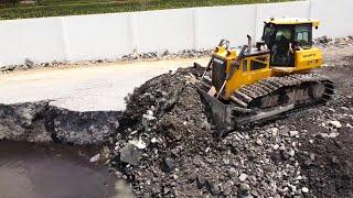 Amazing Working Construction!! Bulldozer Filling Mine Stones Into The Lake With 25T Dump Trucks