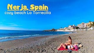 Nerja, Spain - cozy beach La Torrecilla. 4K Walk tour. Costa del Sol