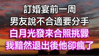 訂婚宴前一周，男友說不合適要分手，白月光發來合照挑釁！我黯然退出後他卻瘋了！#故事 #一口氣看完 #情感故事 #結婚 #離婚 #婚姻 #愛情 #生活經驗 #渣男 #復仇 #白月光 #夫妻