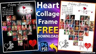 Free Heart Frame Photoshop Collage Template PSD | Heart-Shaped Photo Collage Frame in Black Or White