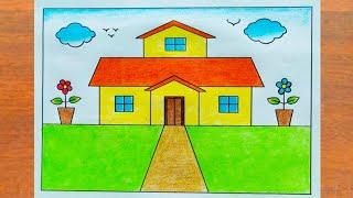 House Scenery Drawing / How to Draw a Simple House Step By Step / House Drawing Easy Steps