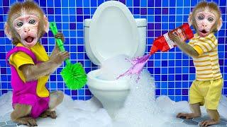 KiKi Monkey goes to clean the Toilet with full of Foamy Bubble Toilet | KUDO ANIMAL KIKI