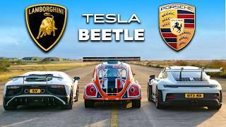 911 GT3 RS v Lambo V12 vs Tesla Beetle: DRAG RACE