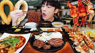 ASMR MUKBANG | Black been noodles, steak, churros, spicy octopus, fried food, Eating