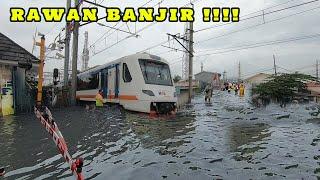 RAWAN BANJIR !! Diguyur Hujan Lebat Kawasan Perlintasan Kereta Api JPL 8B Kedaung Kali Angke banjir