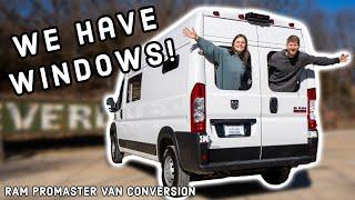 We have WINDOWS! Van Conversion Episode 2 | Ram Promaster Build (bunk, rear, & side window)